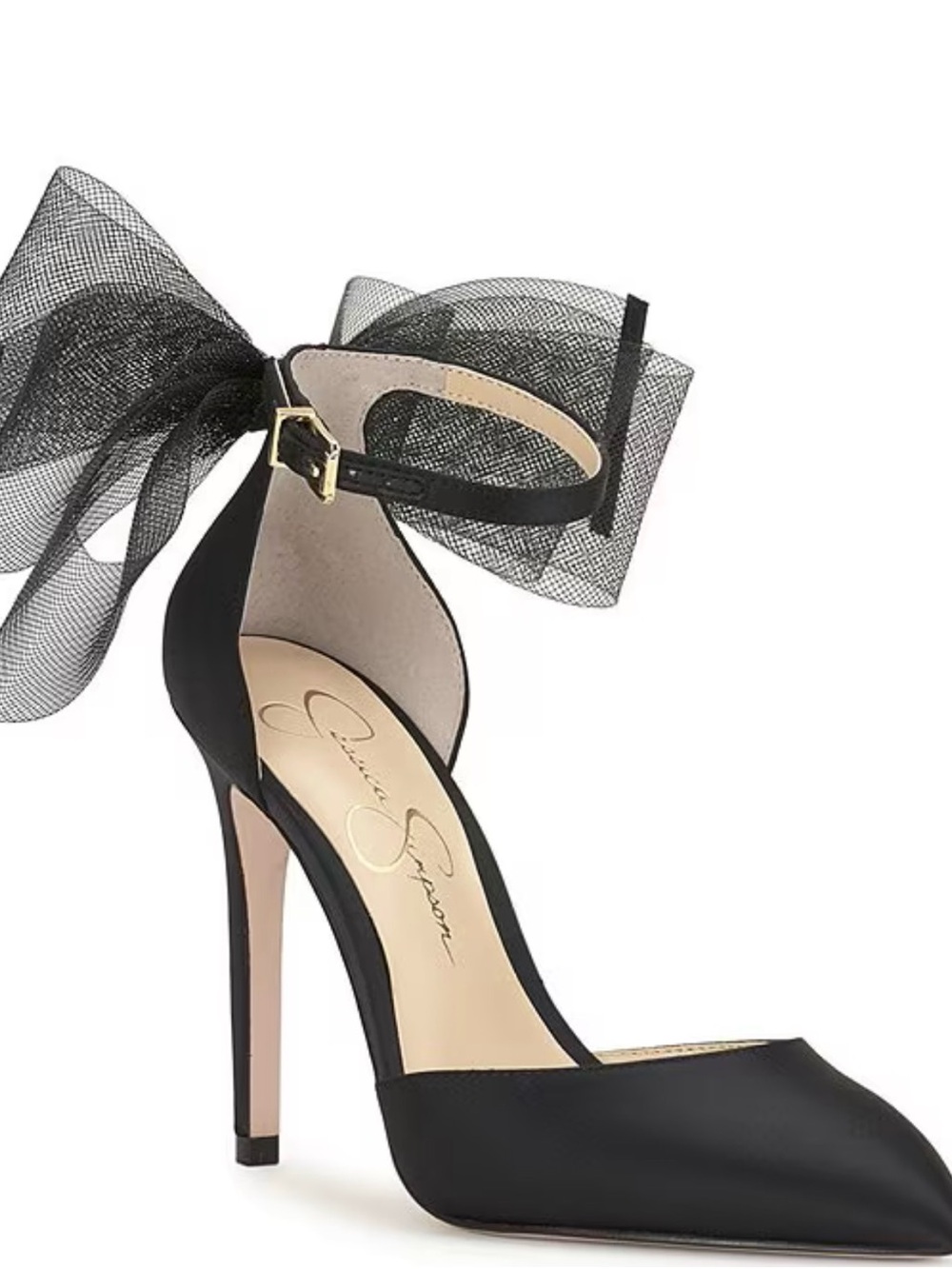 Jessica Simpson Black Pointed Toe Stiletto Pump with Tulle Ankle Bow